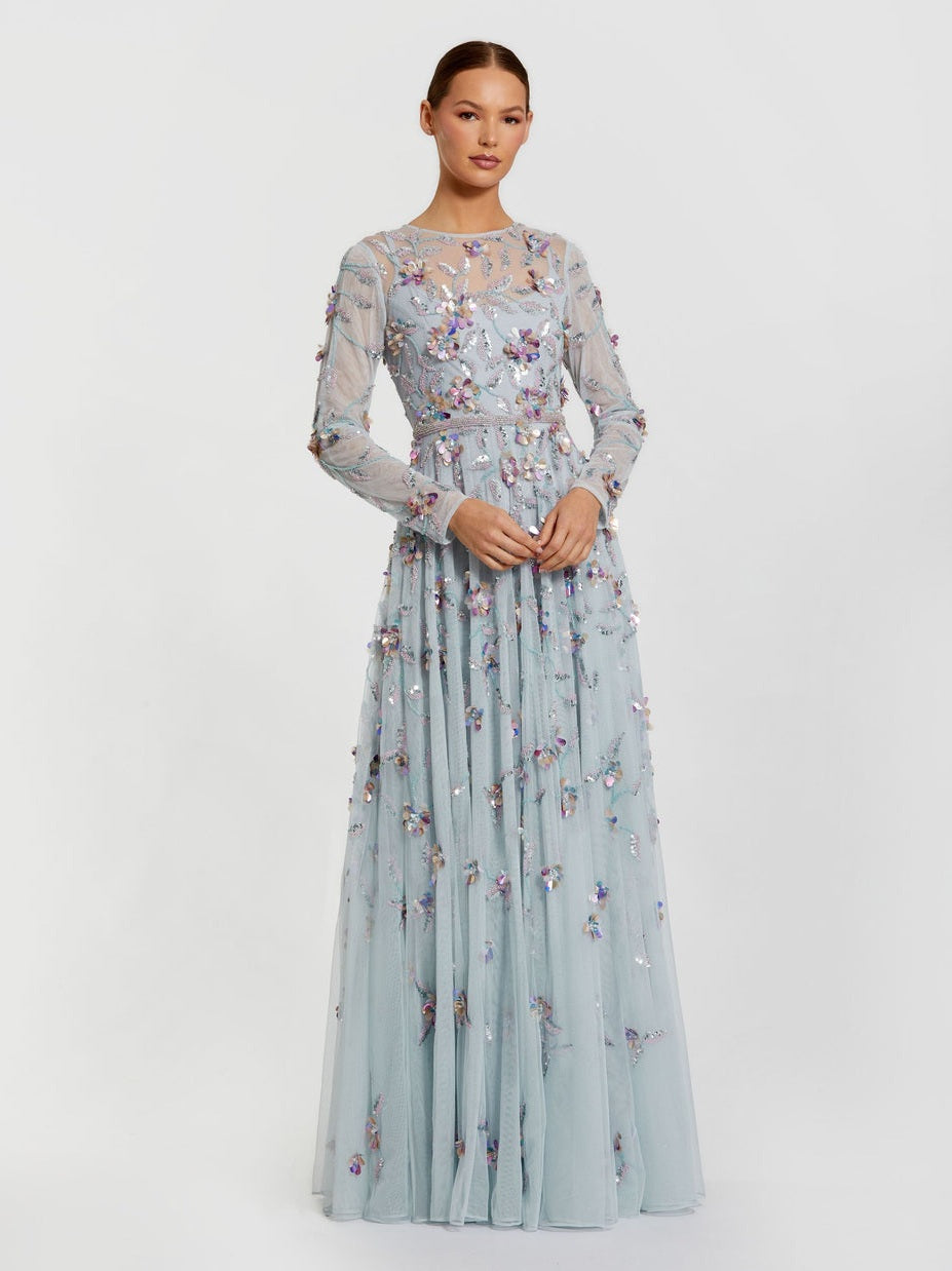 Light blue long sleeve floral embellished evening gown