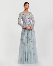 LIGHT BLUE LONG SLEEVE FLORAL EMBELLISHED EVENING GOWN