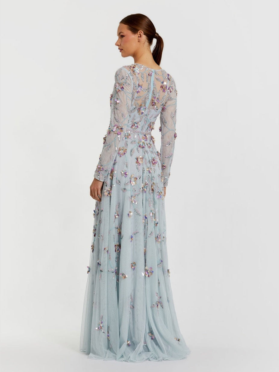 Light blue long sleeve floral embellished evening gown