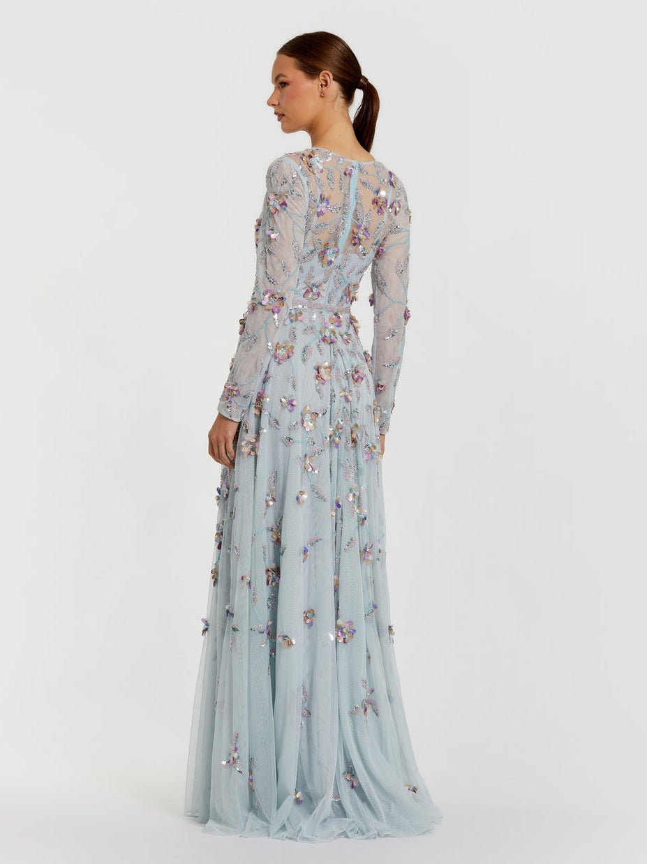 Light blue long sleeve floral embellished evening gown