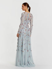 Light blue long sleeve floral embellished evening gown