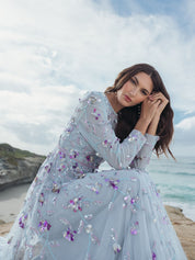 Light blue long sleeve floral embellished evening gown