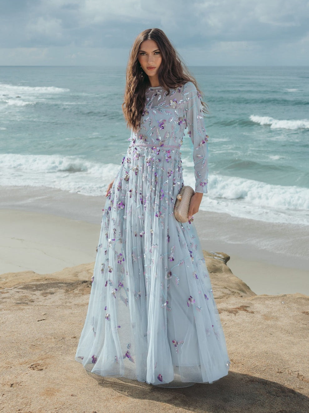 Light blue long sleeve floral embellished evening gown