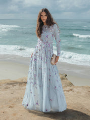Light blue long sleeve floral embellished evening gown