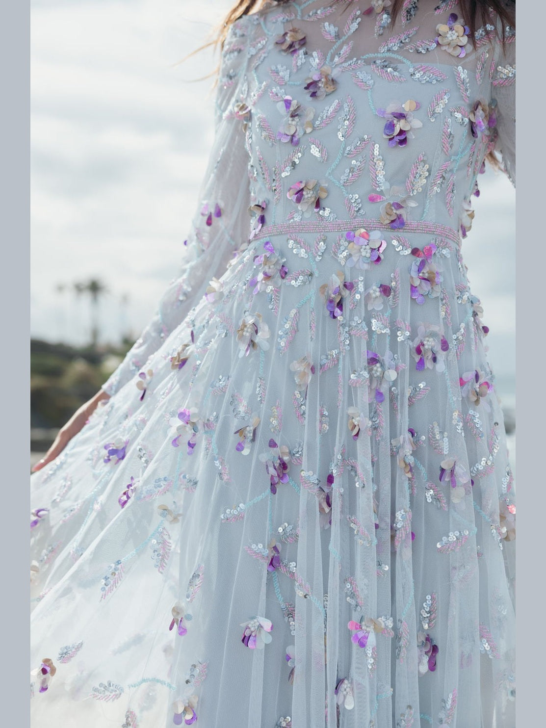 Light blue long sleeve floral embellished evening gown
