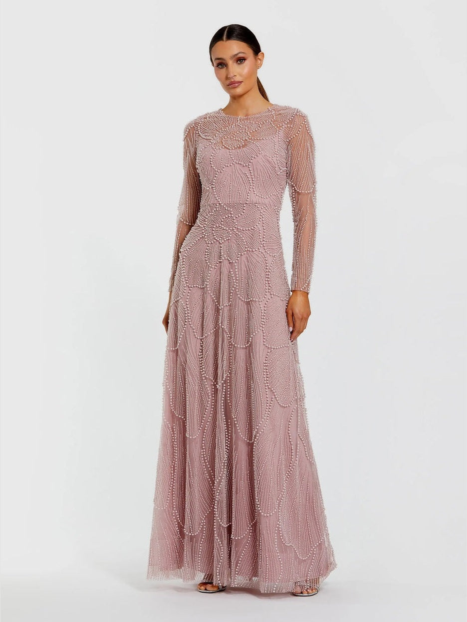 Pink beaded high neck long sleeve a-line gown