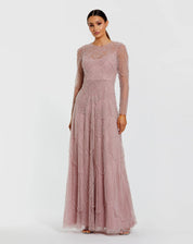 PINK BEADED HIGH NECK LONG SLEEVE A-LINE GOWN
