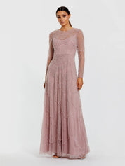 Pink beaded high neck long sleeve a-line gown