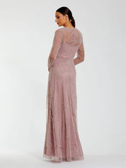 Pink beaded high neck long sleeve a-line gown