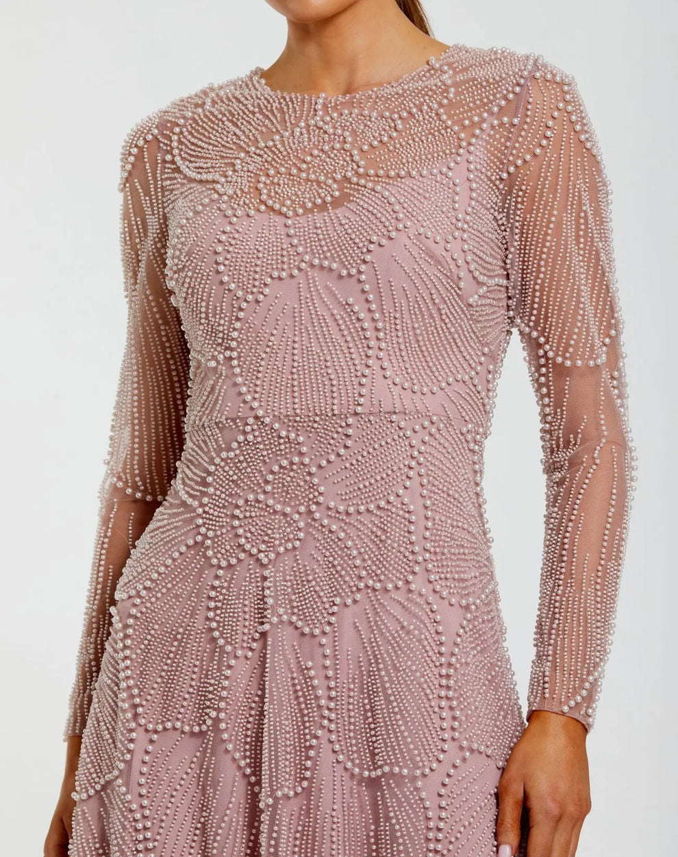PINK BEADED HIGH NECK LONG SLEEVE A-LINE GOWN