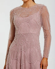 PINK BEADED HIGH NECK LONG SLEEVE A-LINE GOWN
