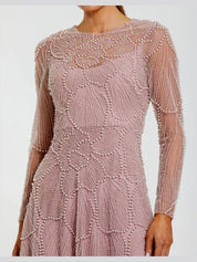 Pink beaded high neck long sleeve a-line gown