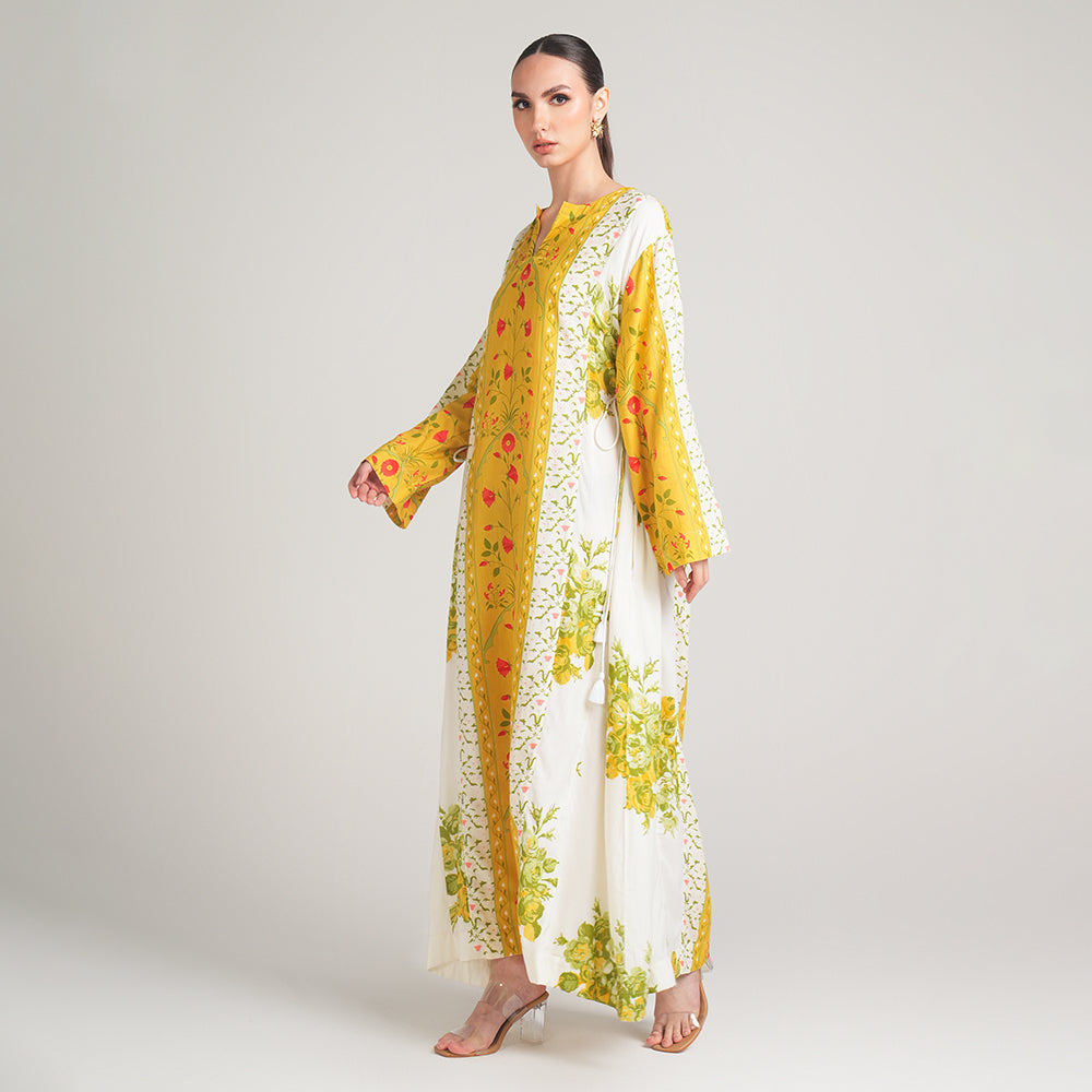 YELLOW MODAL PRINTED DRESS WITH SCARF