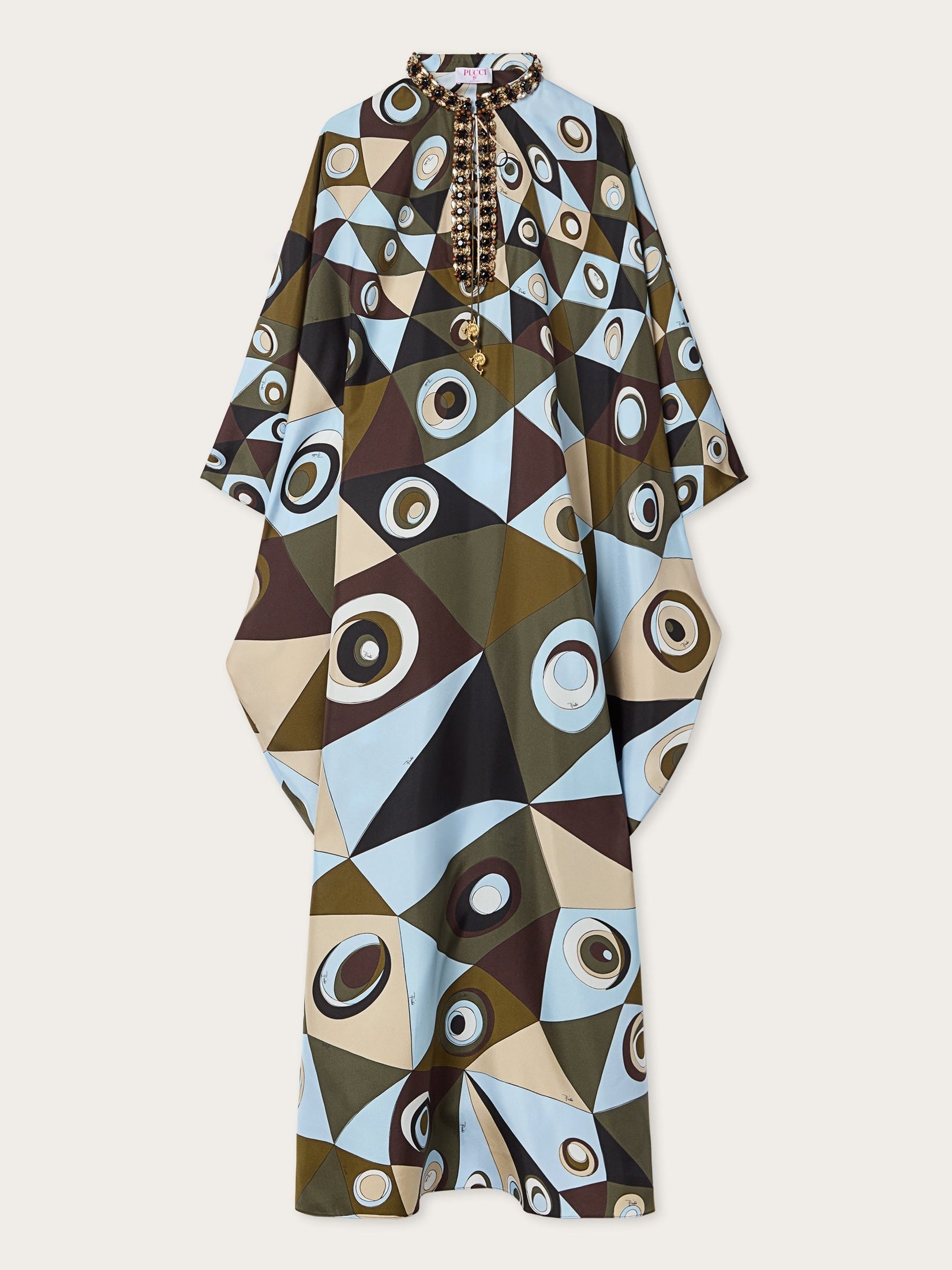 Occhi print silk kaftan with embroidery