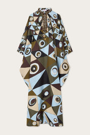 Occhi print silk kaftan with embroidery