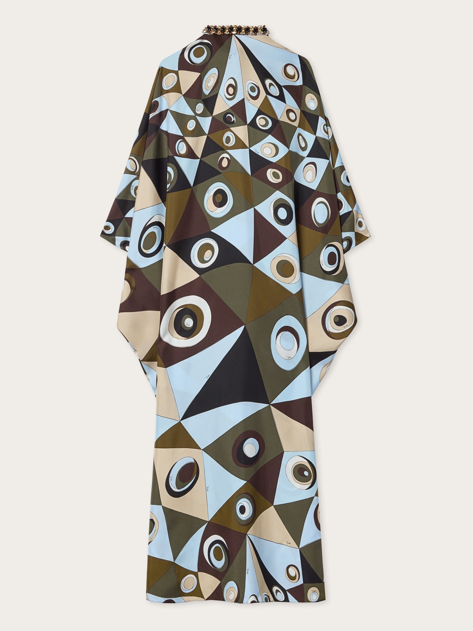 Occhi print silk kaftan with embroidery