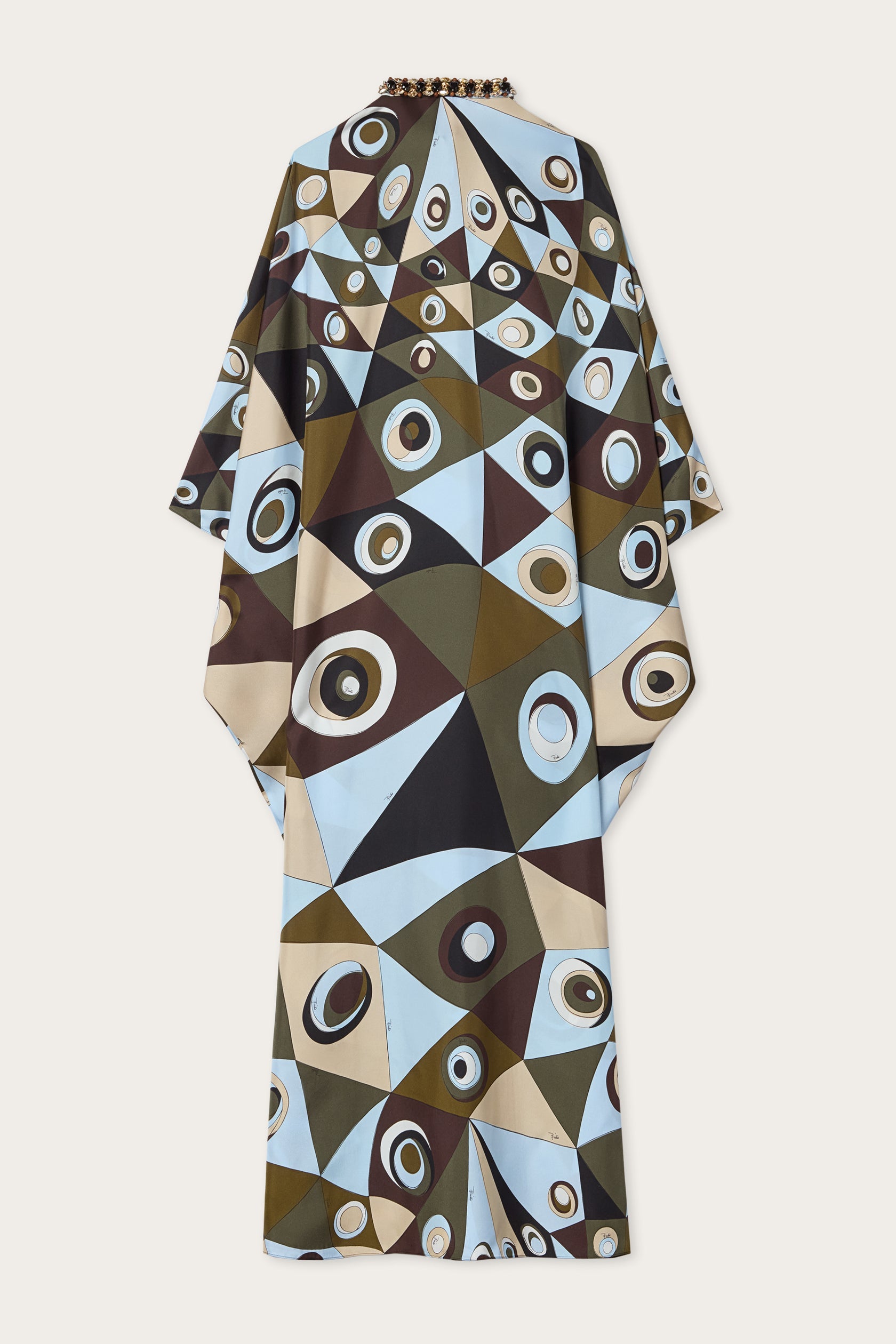 Occhi print silk kaftan with embroidery