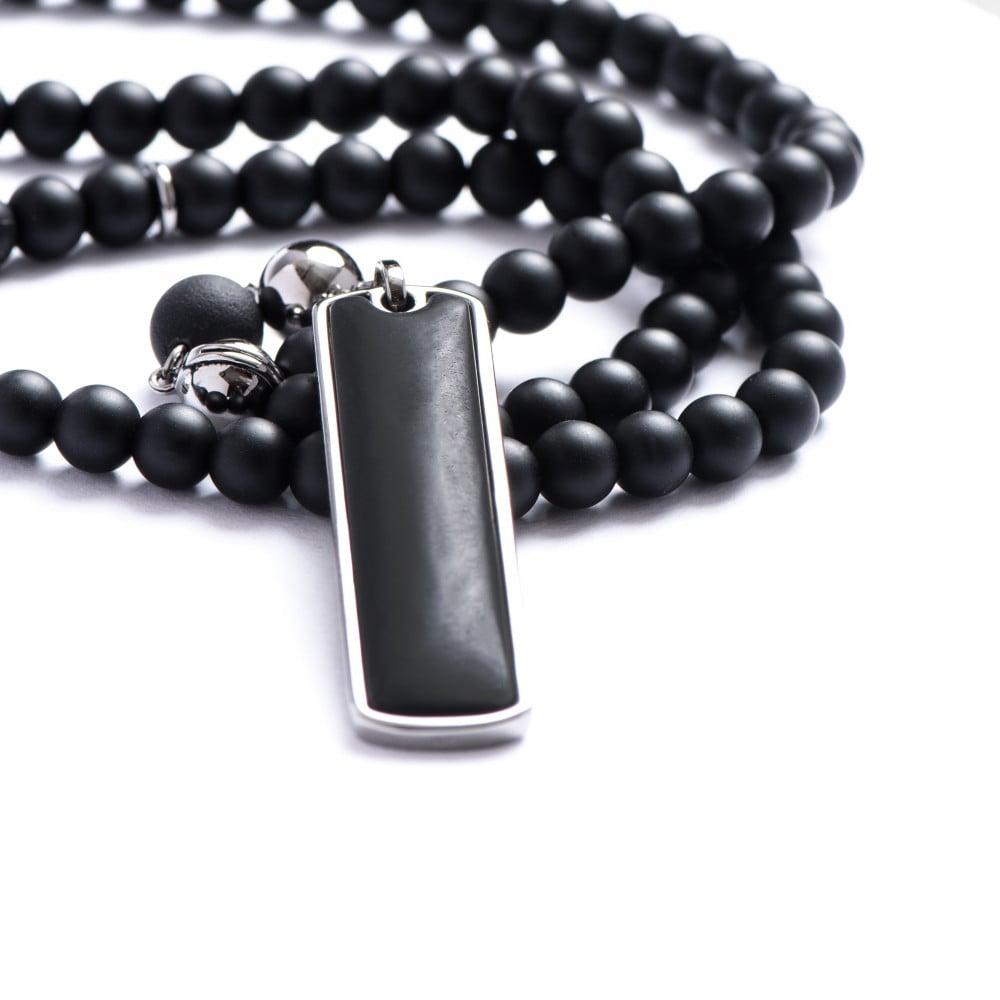 Necklace/rosary made of onyx stone, 99 beads, with silver