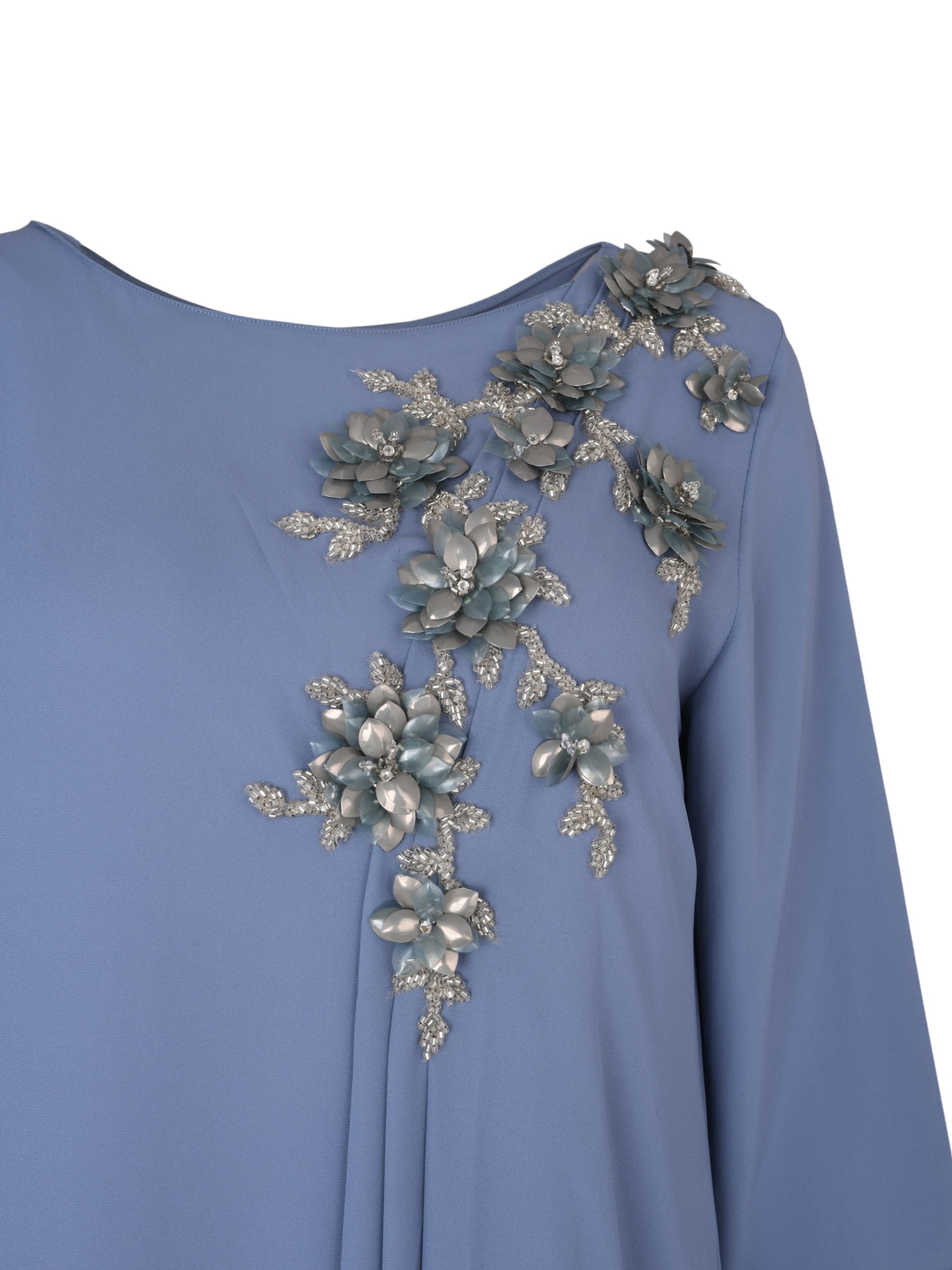 Blue-Beige Hand-Embroidered Pleated Shoulder Modest Dress