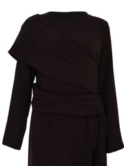 Long Sleeves Dress Straight Cut With Pleated Rap Around Shoulder