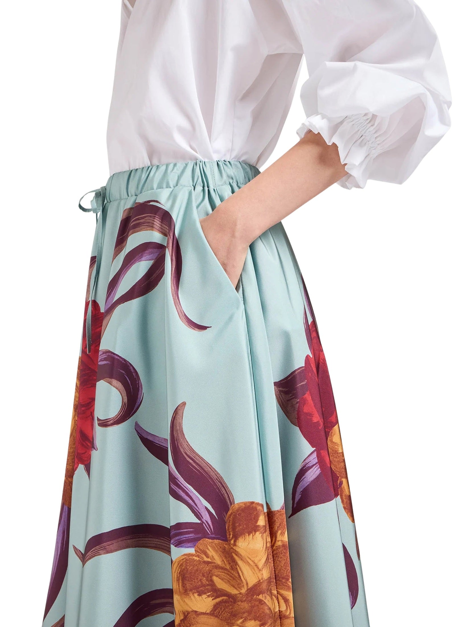 Drawstring skirt peony placée light blue in light faille