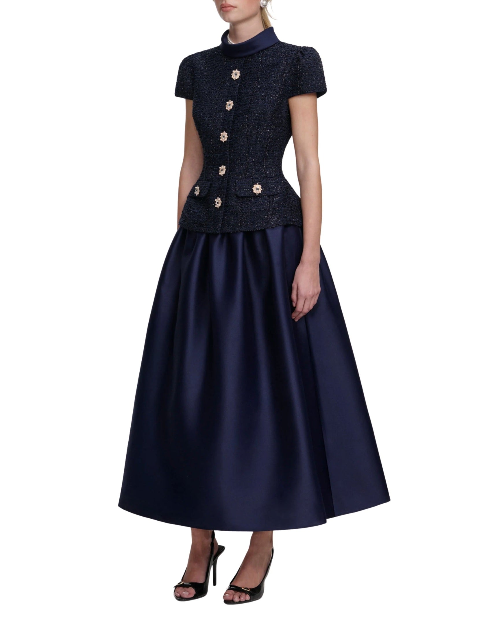 Navy bouclé taffeta midi dress