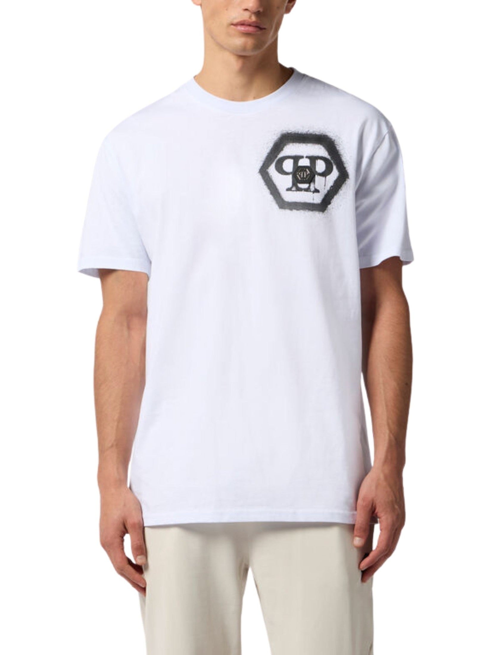 Round neck t-shirt spray hexagon