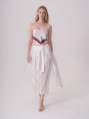 Belted Linen Skirt with Lace and Slit Detail