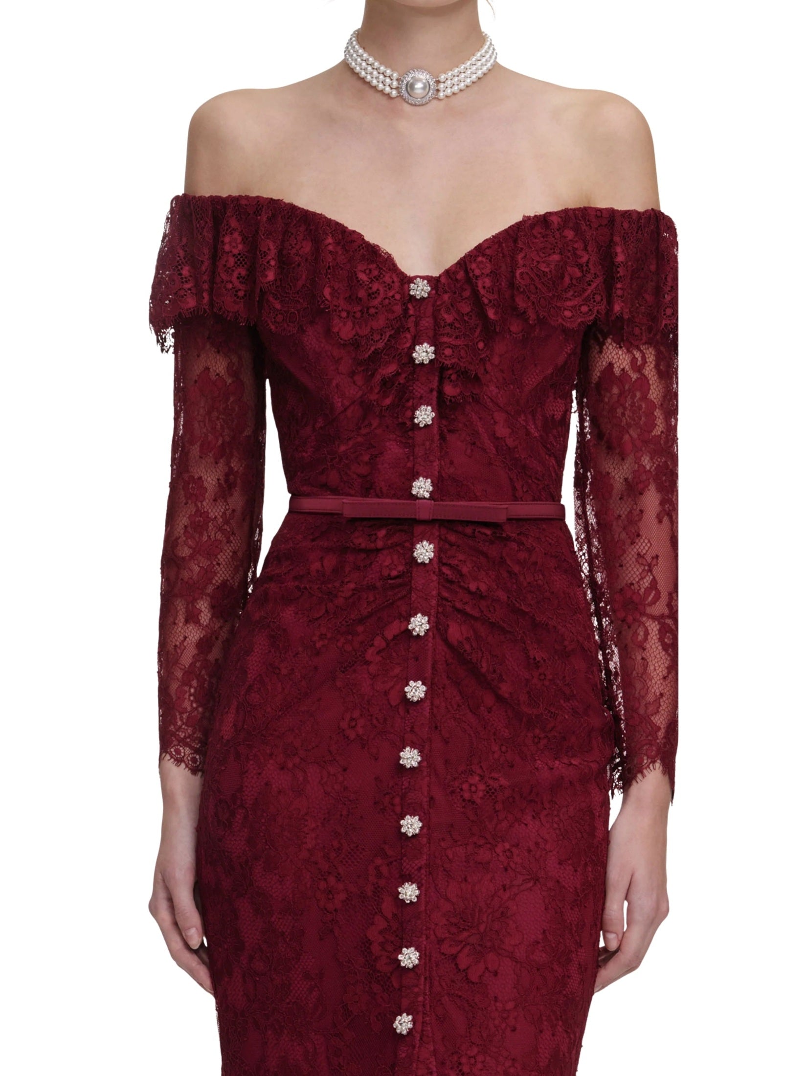 Burgundy off-shoulder gathered lace maxi dress