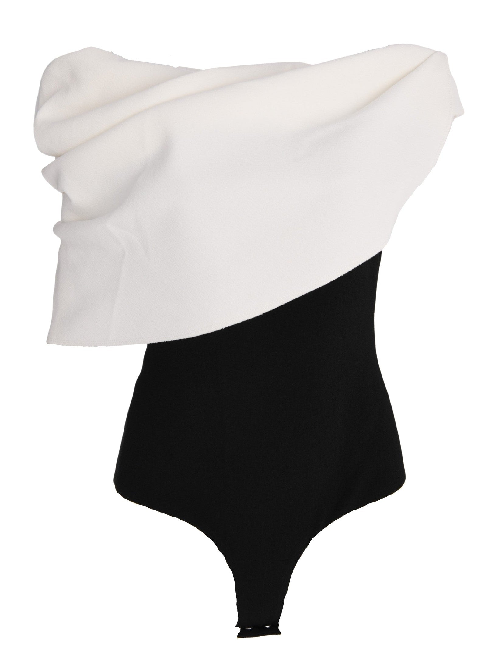 Off-shoulder bodysuit with cowl drapes and padded yoke