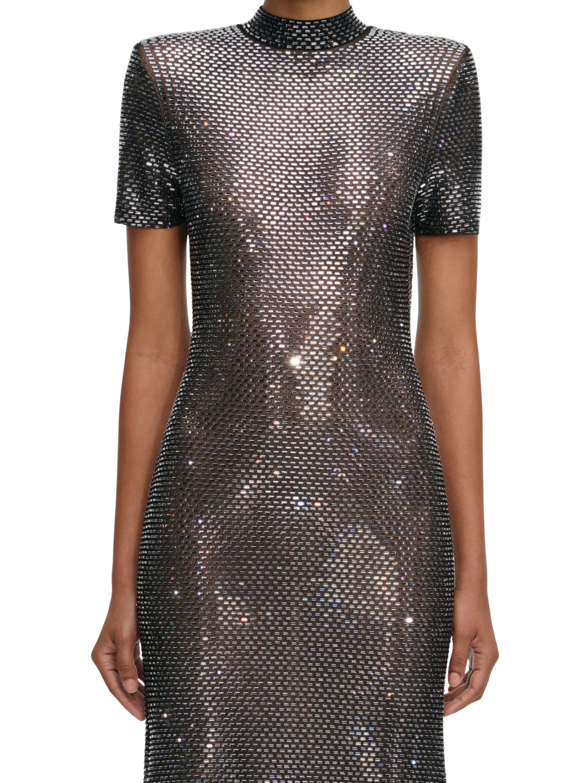 GUNMETAL RHINESTONE MESH MIDI DRESS
