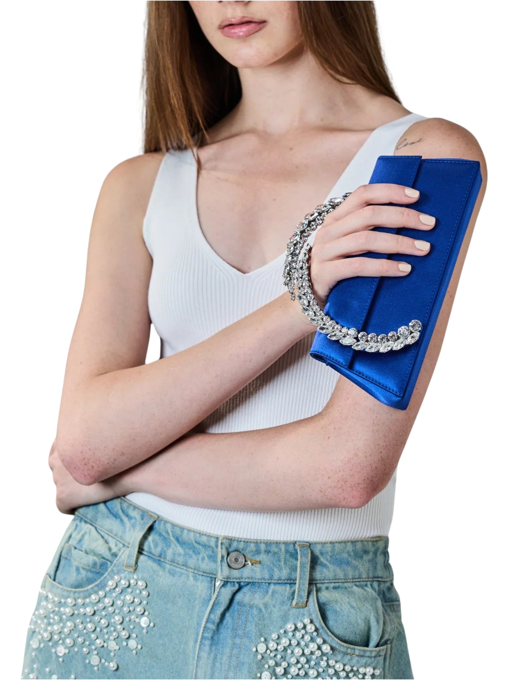 Karma Stone-Encrusted Satin Clutch Electric Blue
