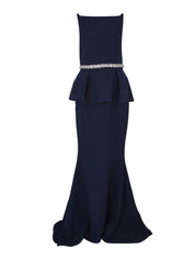 Sleeveless high boatneck gown with flared peplum