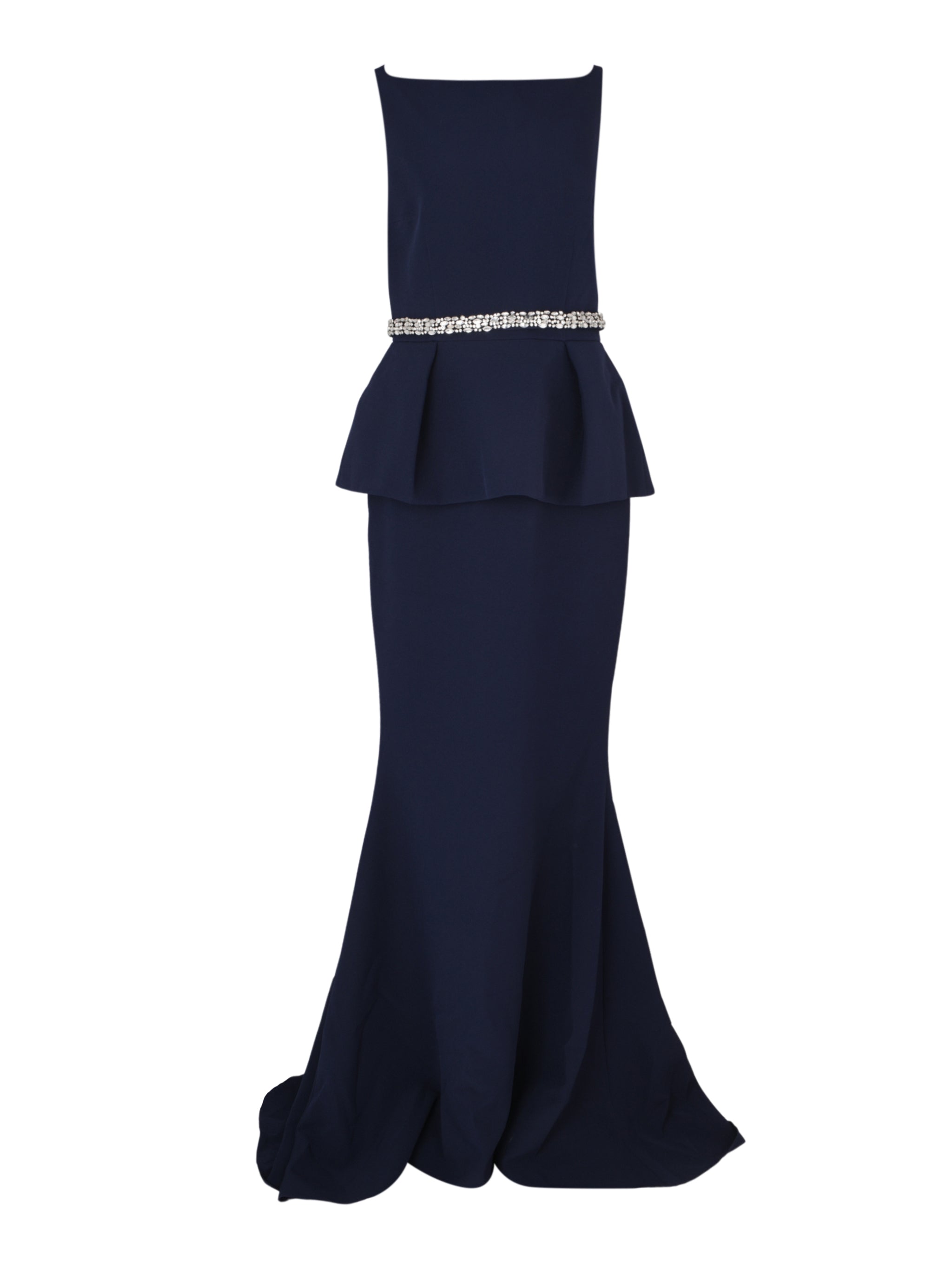 Sleeveless high boatneck gown with flared peplum