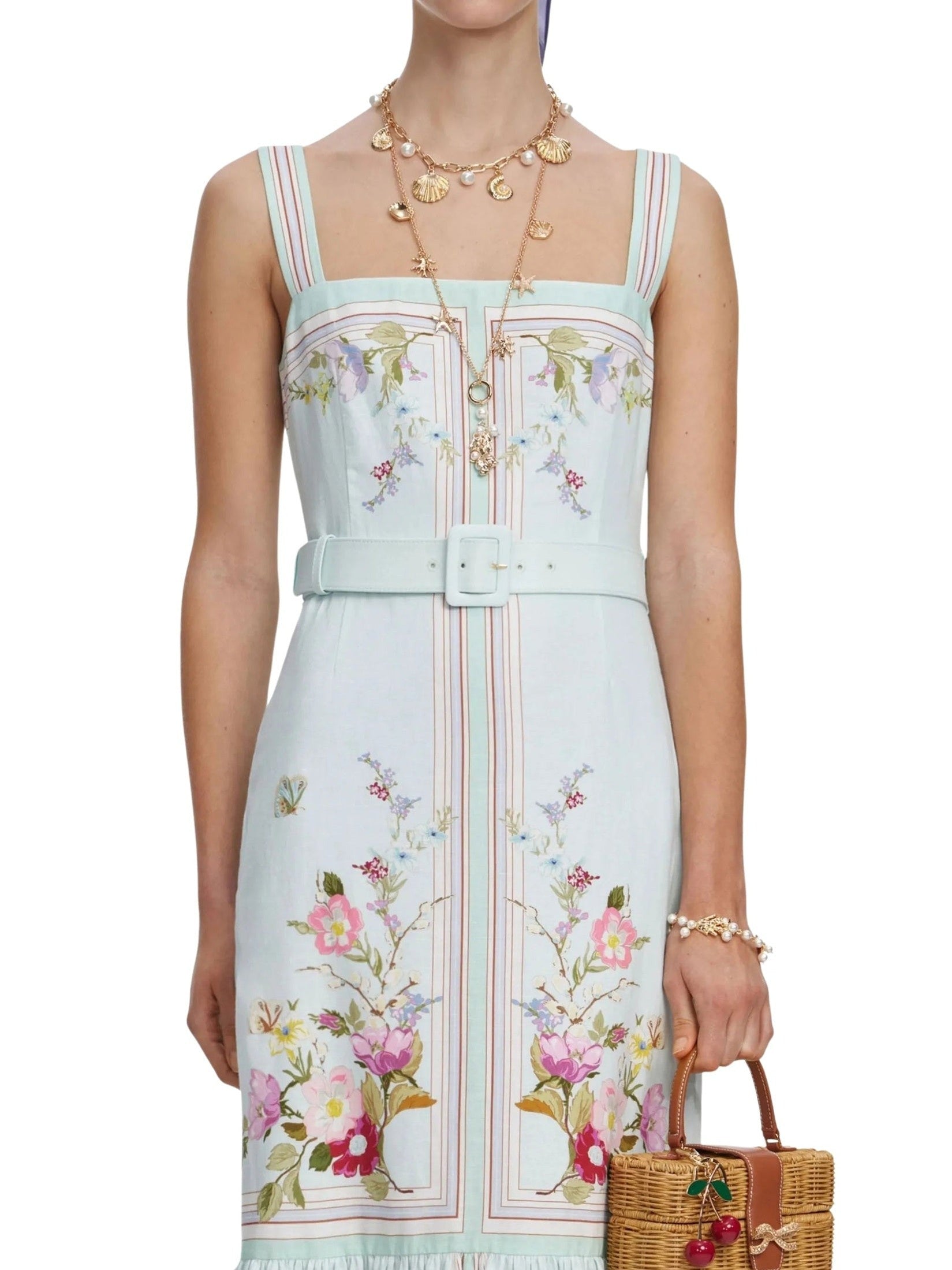 Mint floral linen midi dress