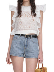 White Ramie Lace Frill Top