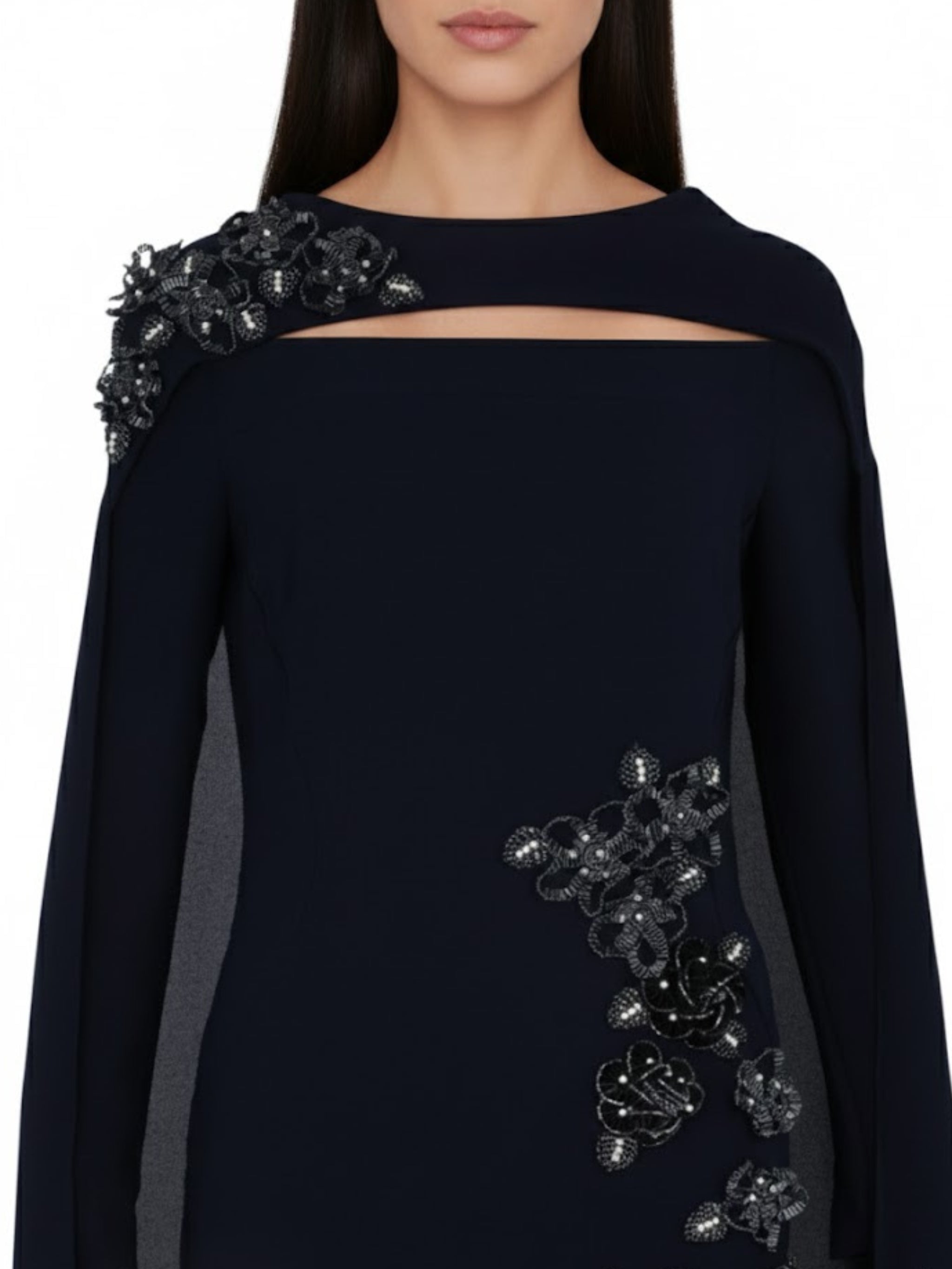 HAND EMBROIDERD ED FLOWER WITH OFF SHOULDE DRESS FISH CUT AND CAPE