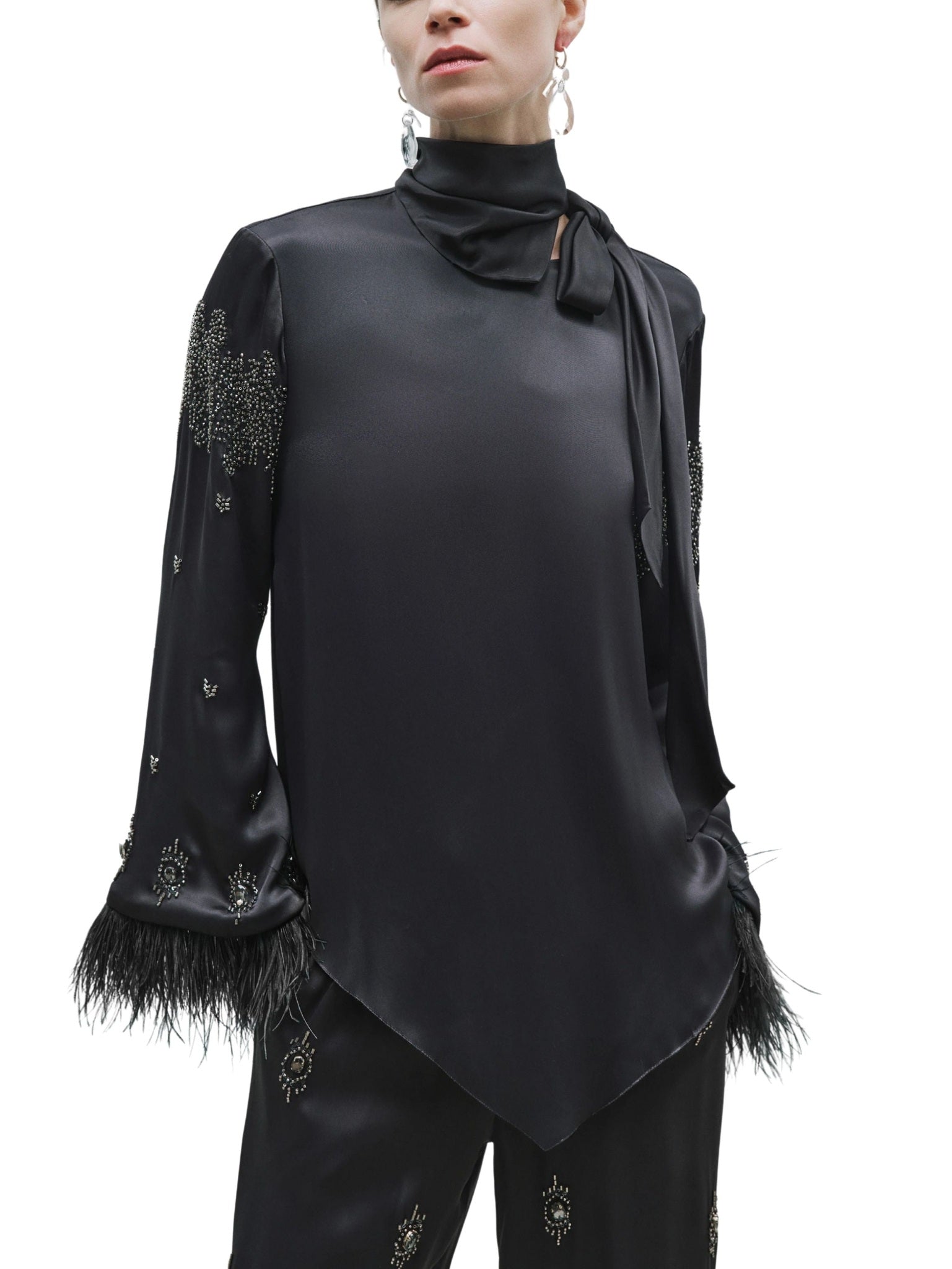 Embroidered and Feather Detailed Satin Blouse
