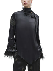Embroidered and Feather Detailed Satin Blouse