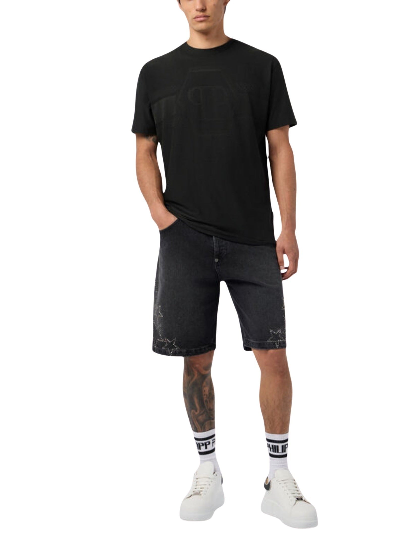 Round neck t-shirt jacquard hexagon line