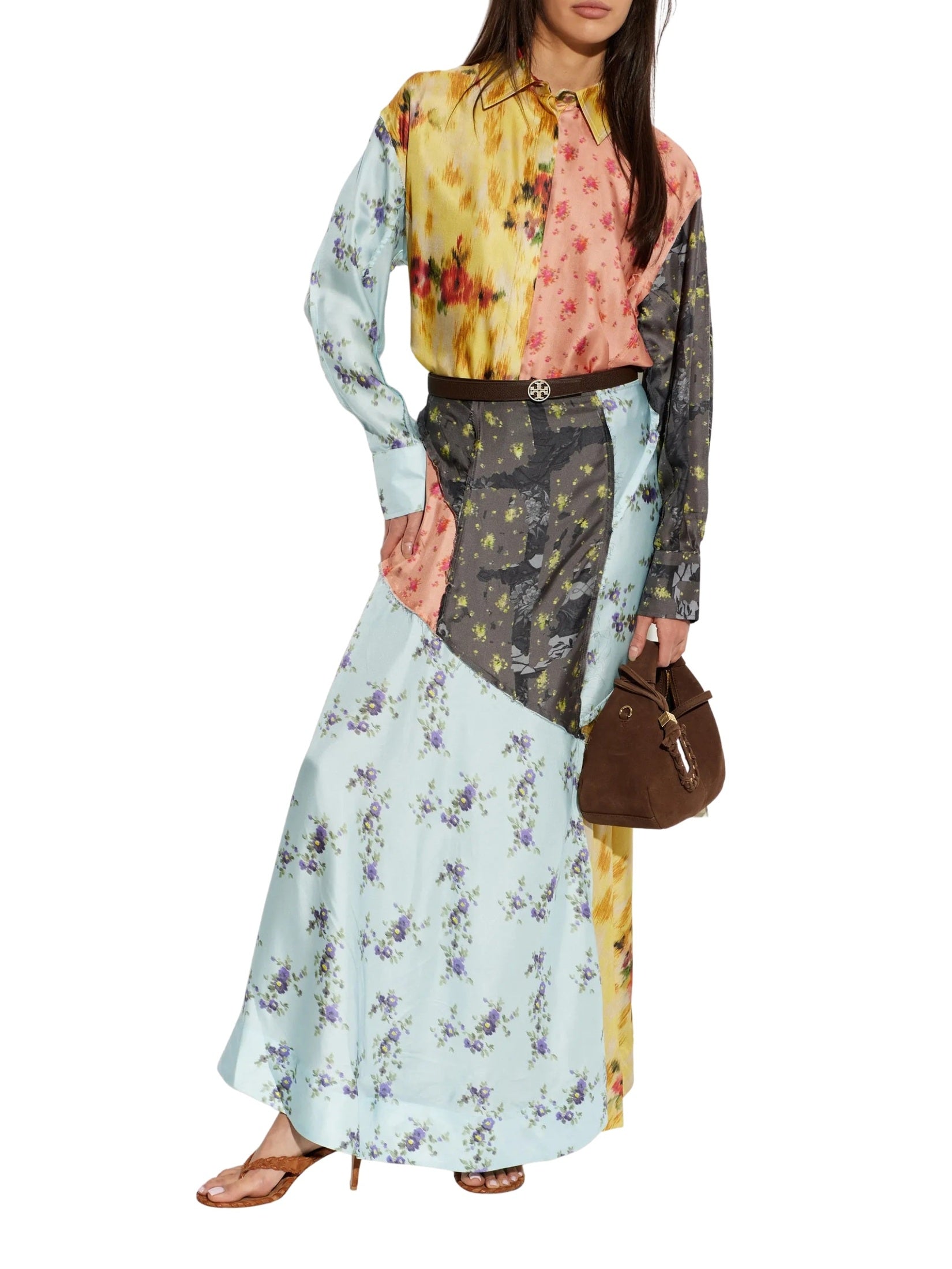 Multi printed silk twill fluid skirt