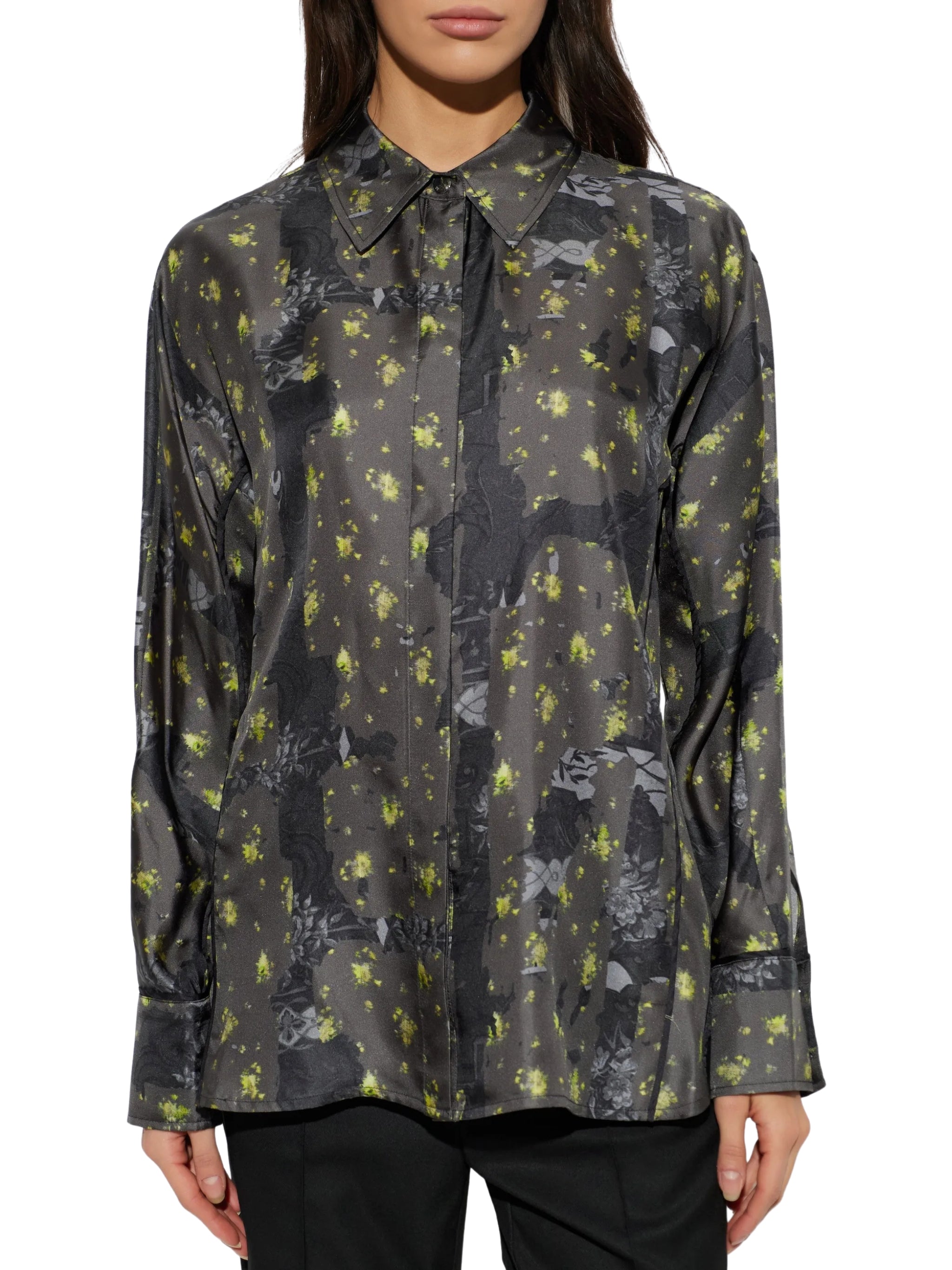 Printed silk twill long sleeve shirt