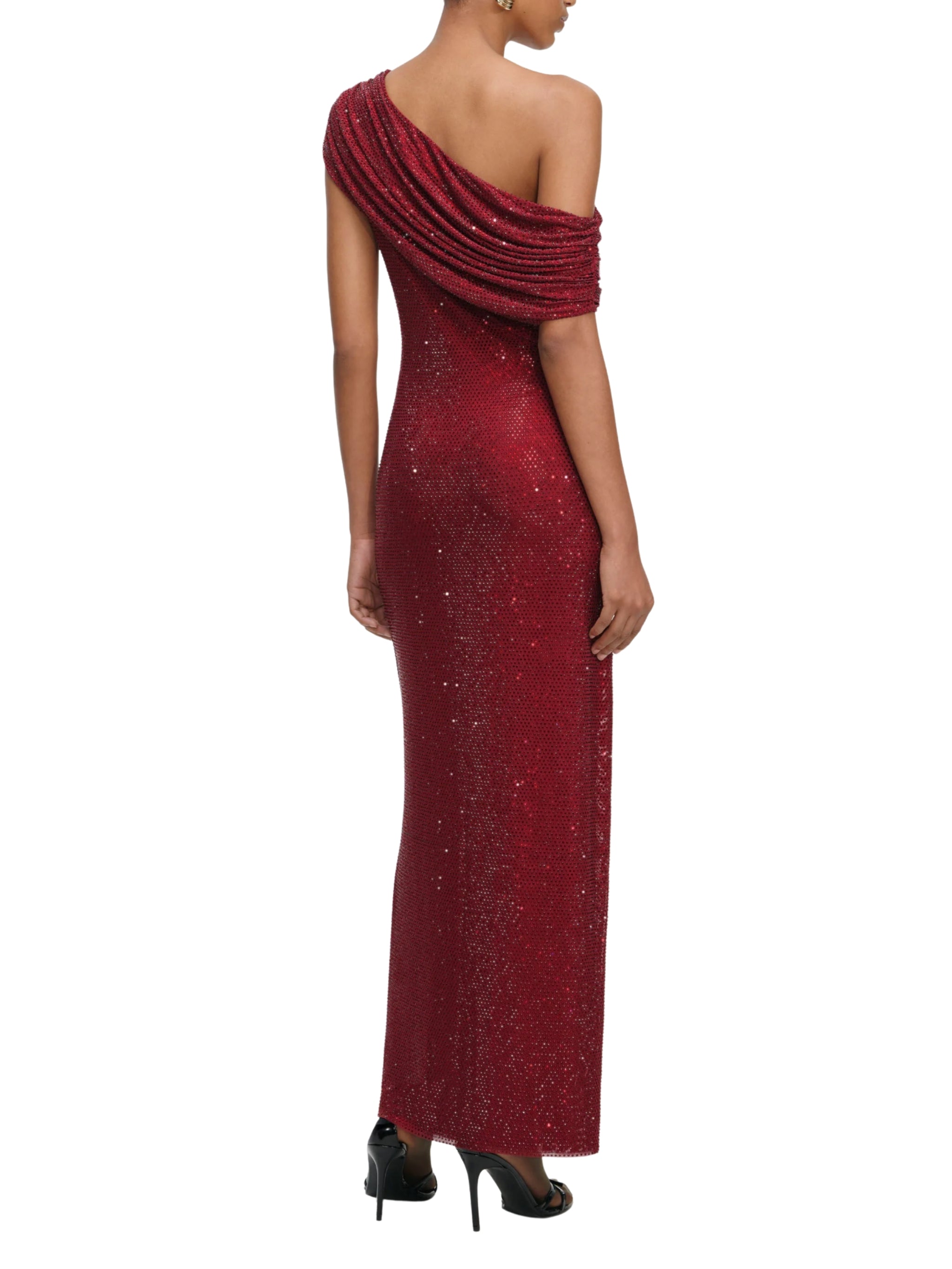 BURGUNDY RHINESTONE DRAPE MIDI DRESS