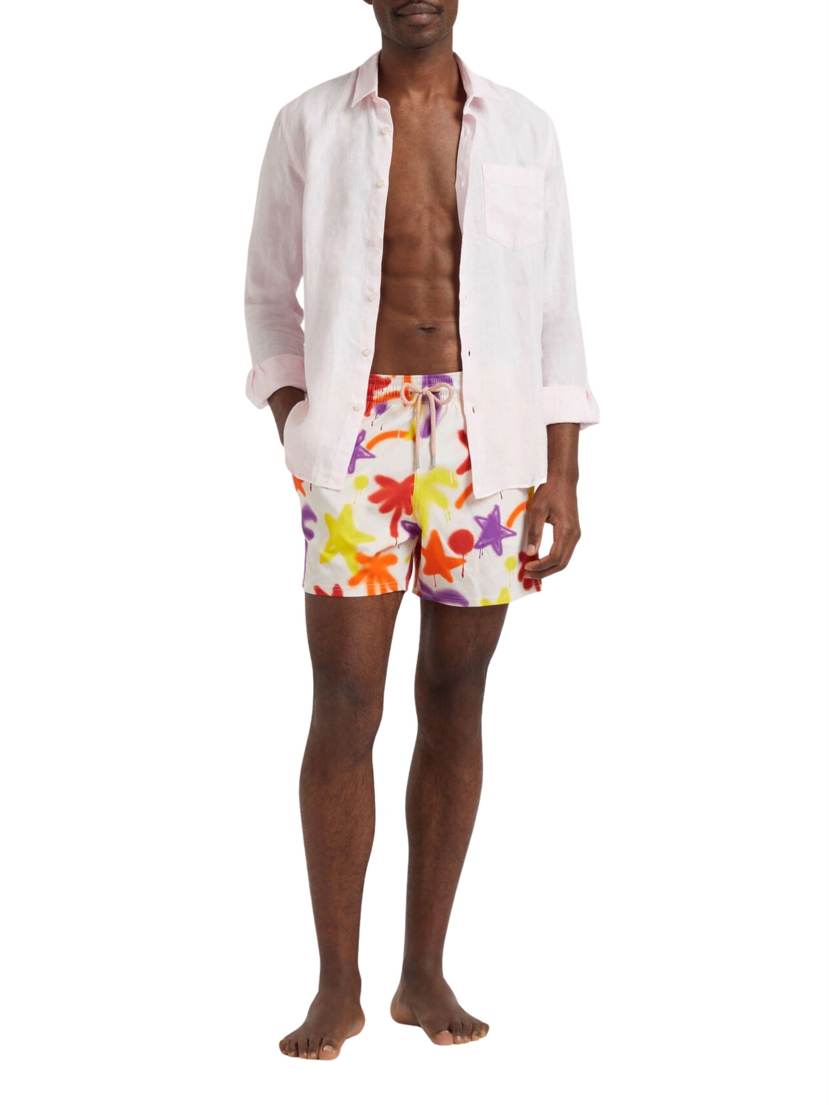 Men stretch short swim shorts spray paint - vbq x palm angels