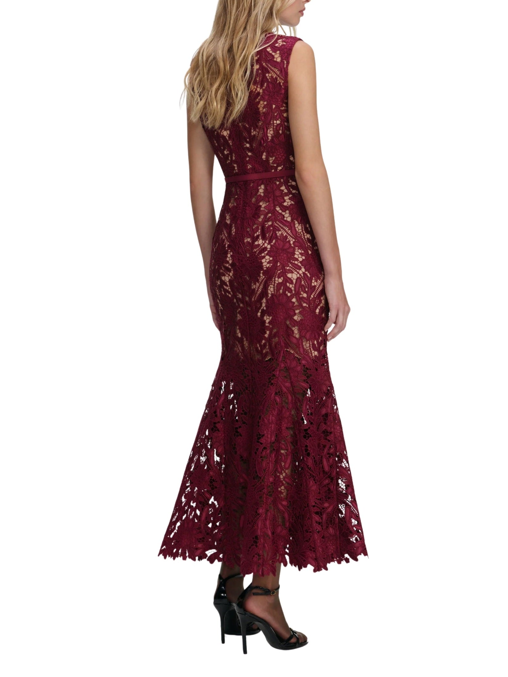 Burgundy guipure lace midi dress