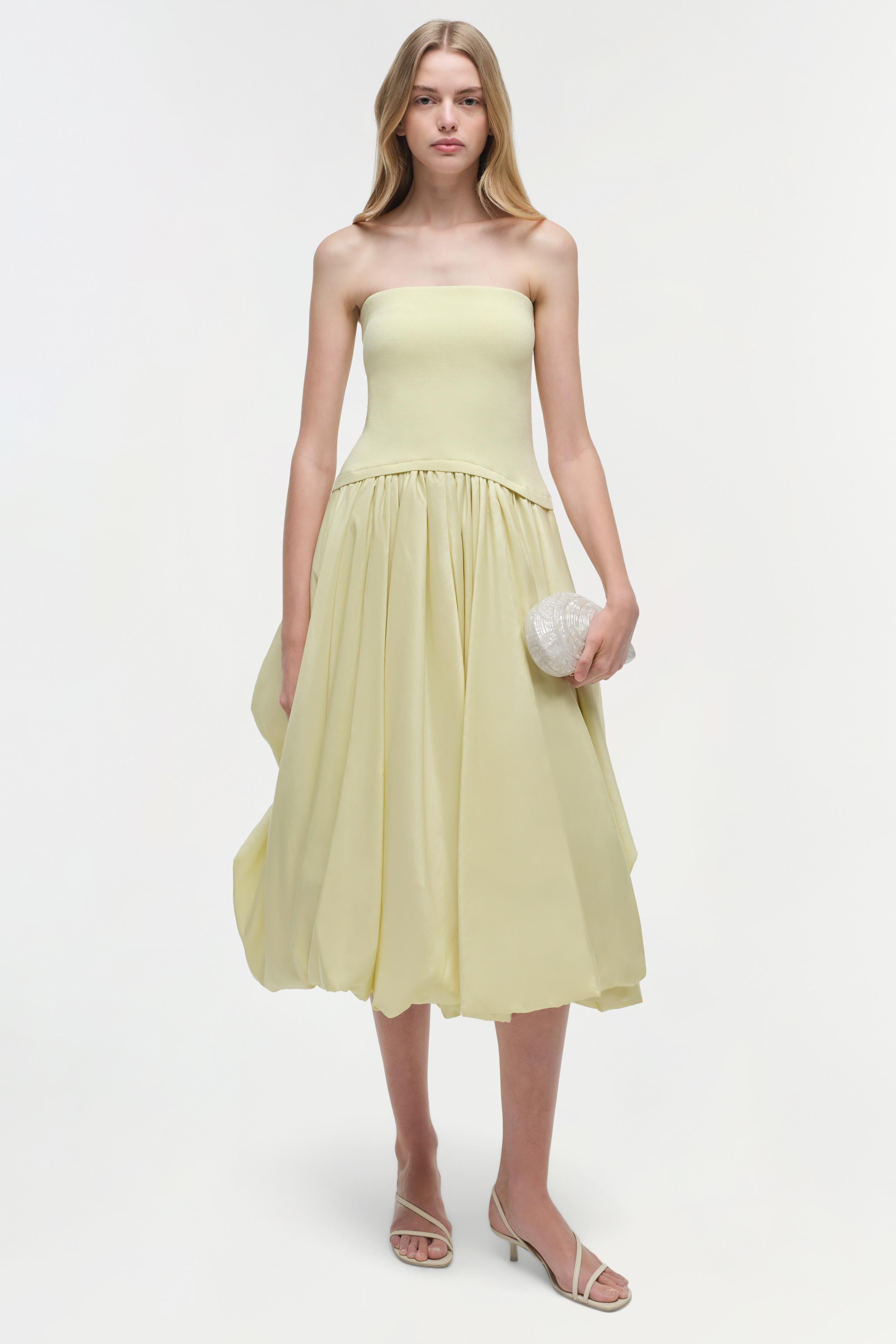 IZZY STRAPLESS TAFFETA MIDI DRESS