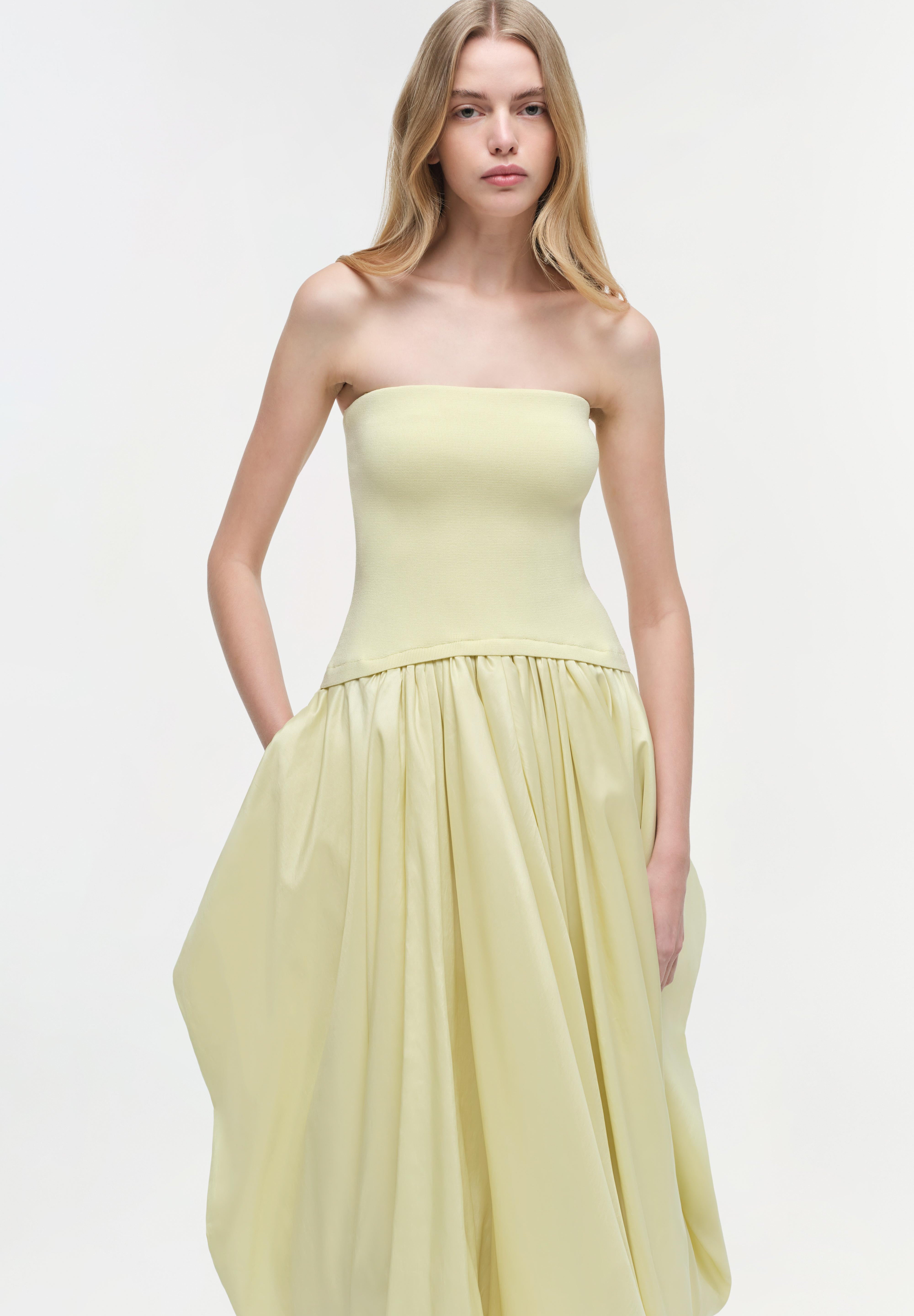 IZZY STRAPLESS TAFFETA MIDI DRESS