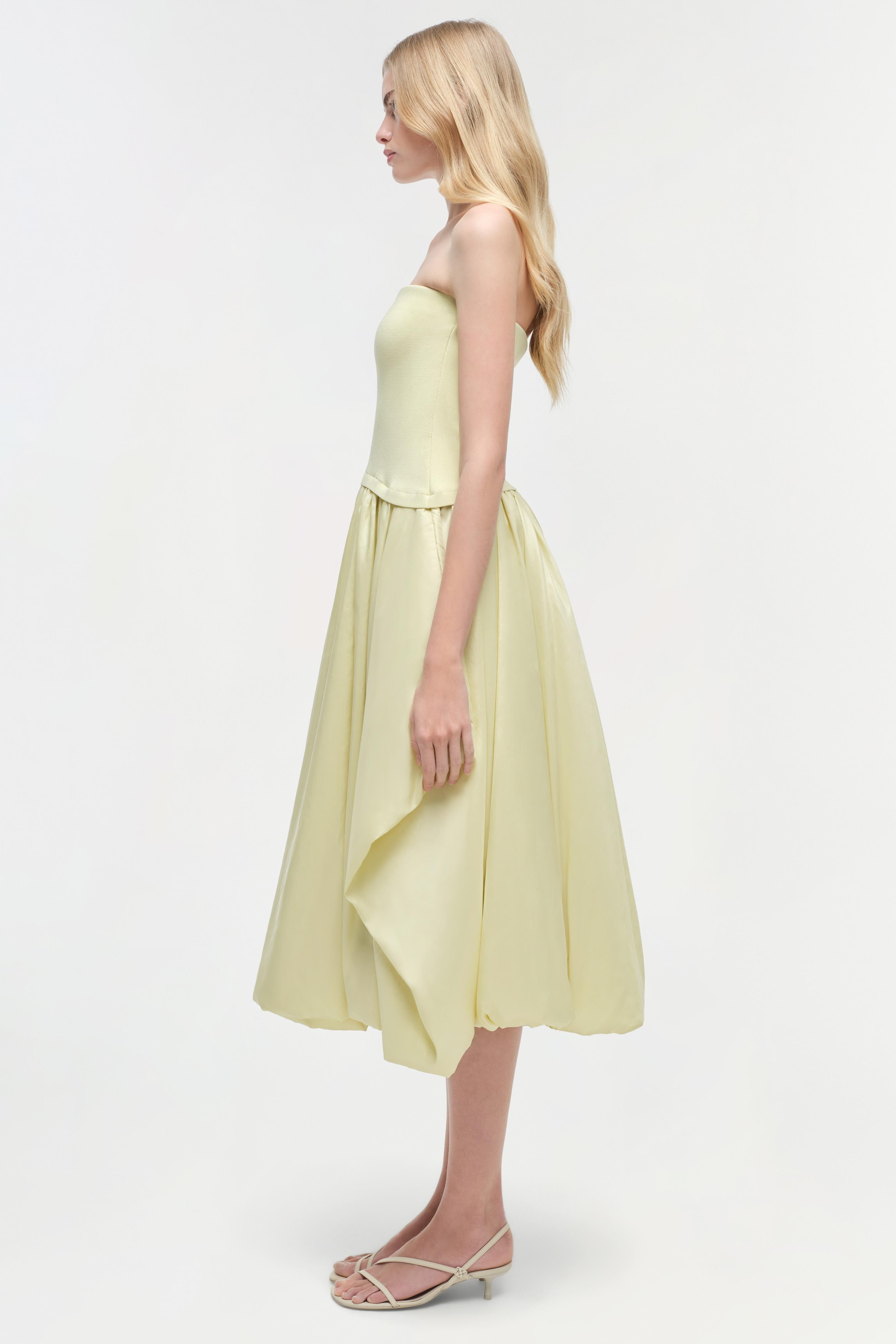 IZZY STRAPLESS TAFFETA MIDI DRESS