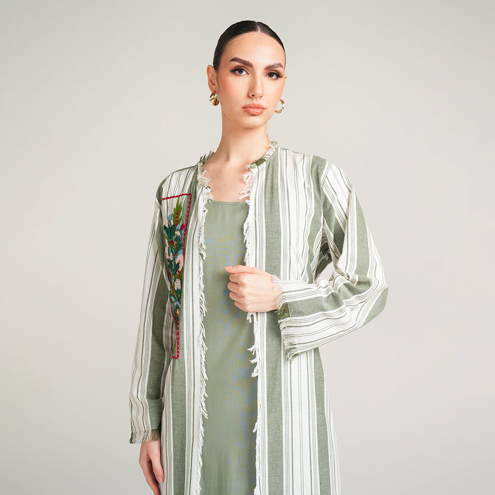 OLIVE GREEN CAPE WITH EMBROIDERY AND DRESS