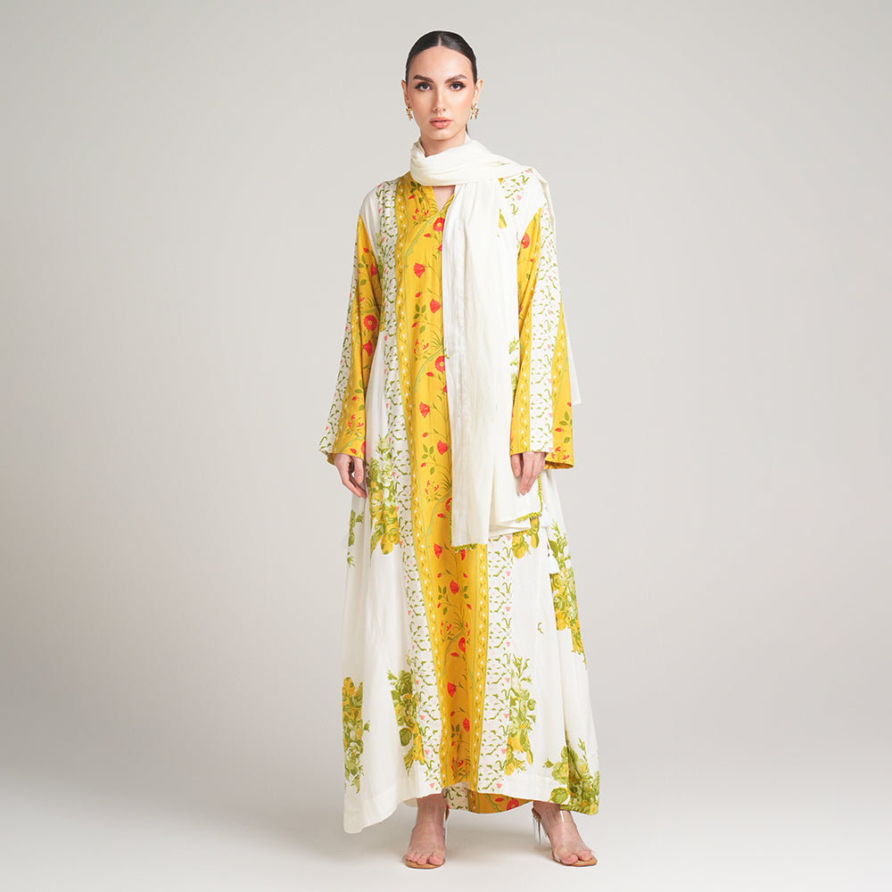 YELLOW MODAL PRINTED DRESS WITH SCARF